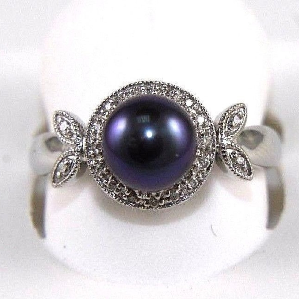 Black Tahitian Pearl & Diamond Ring 14k WG .10Ct